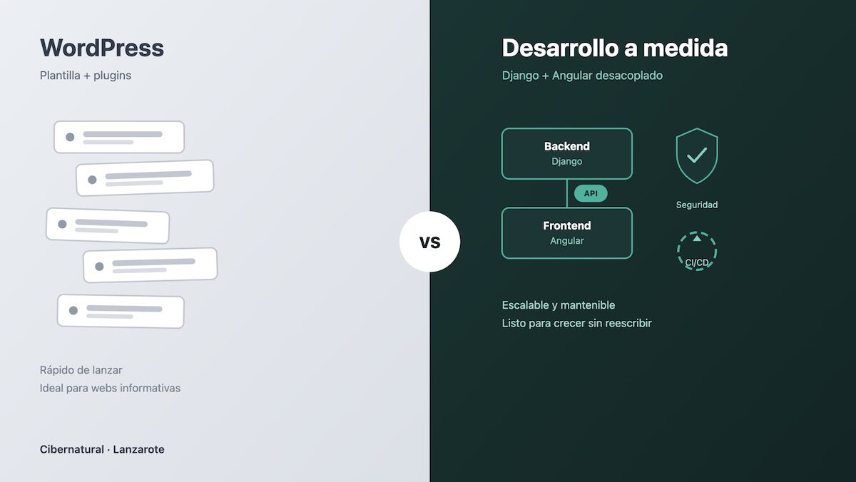 Comparativa entre WordPress y desarrollo web a medida con Django y Angular para empresas en Lanzarote